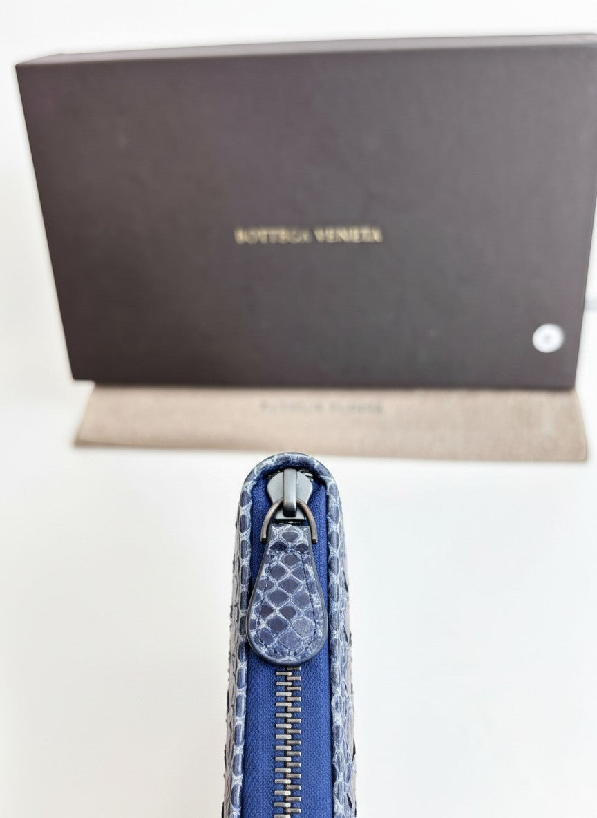 Bottega Veneta Intrecciato Zip Around Long Wallet Embossing Leather in Deep Blue