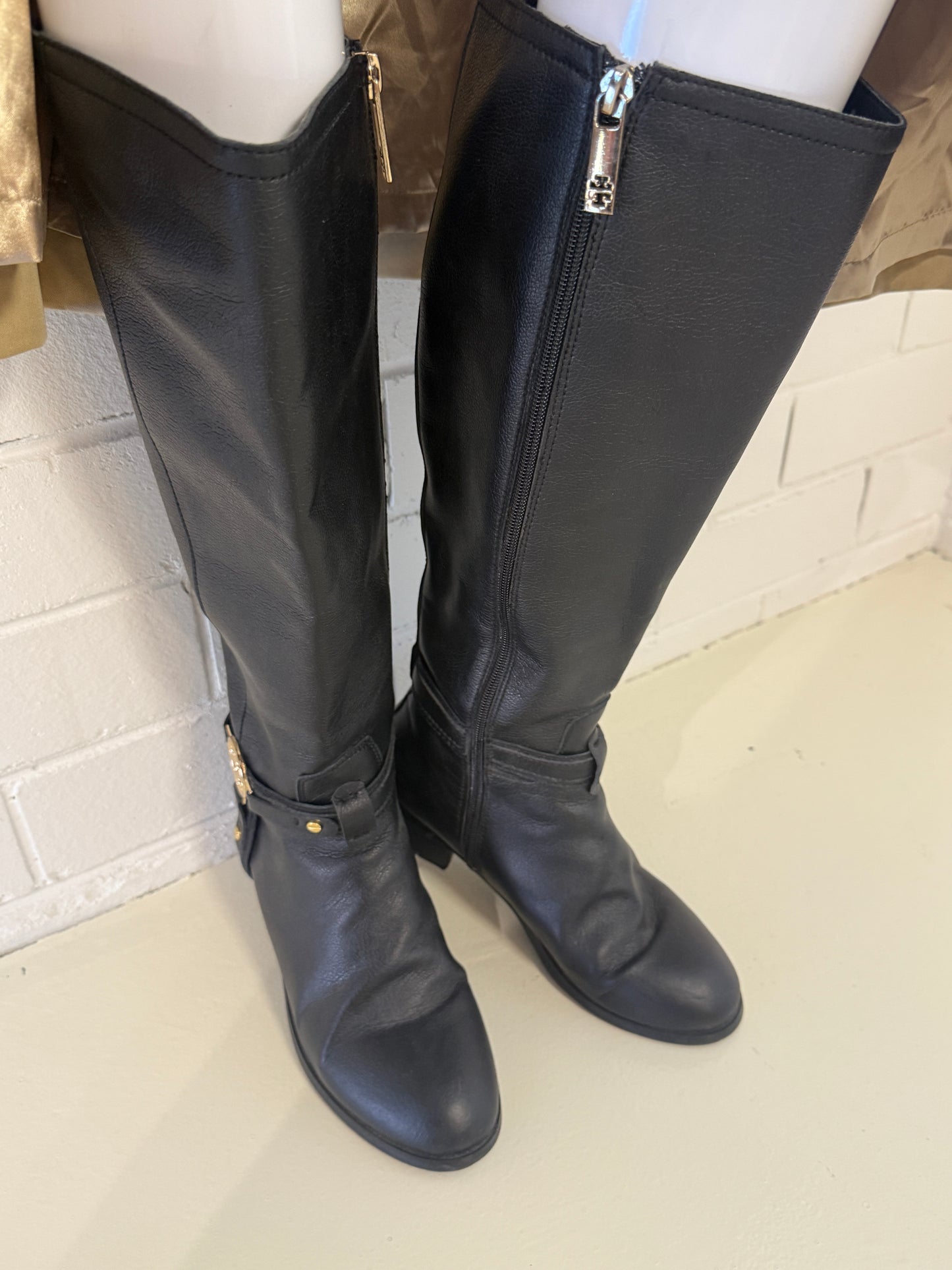 Tory Burch Black Leather Riding Boots – Eleanor Logo Knee-High Boots- Size 39