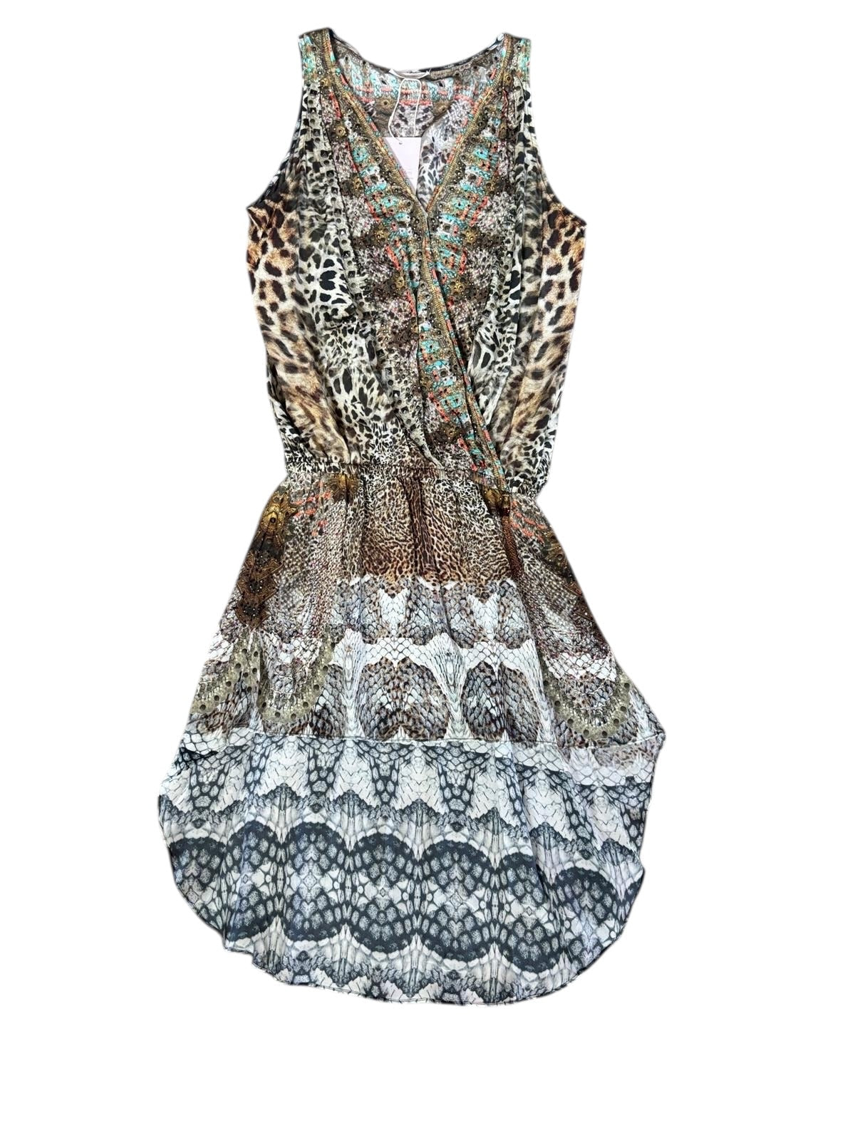 Camilla Silk High-Low Dress Embellished Animal Print Kaftan Mini Dress Designer Resort Wear- 1