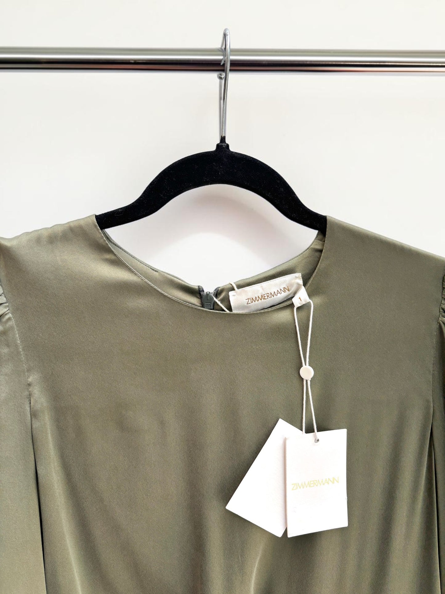 Zimmermann Draped Ruched Silk Midi Dress in Olive Green — Size 1