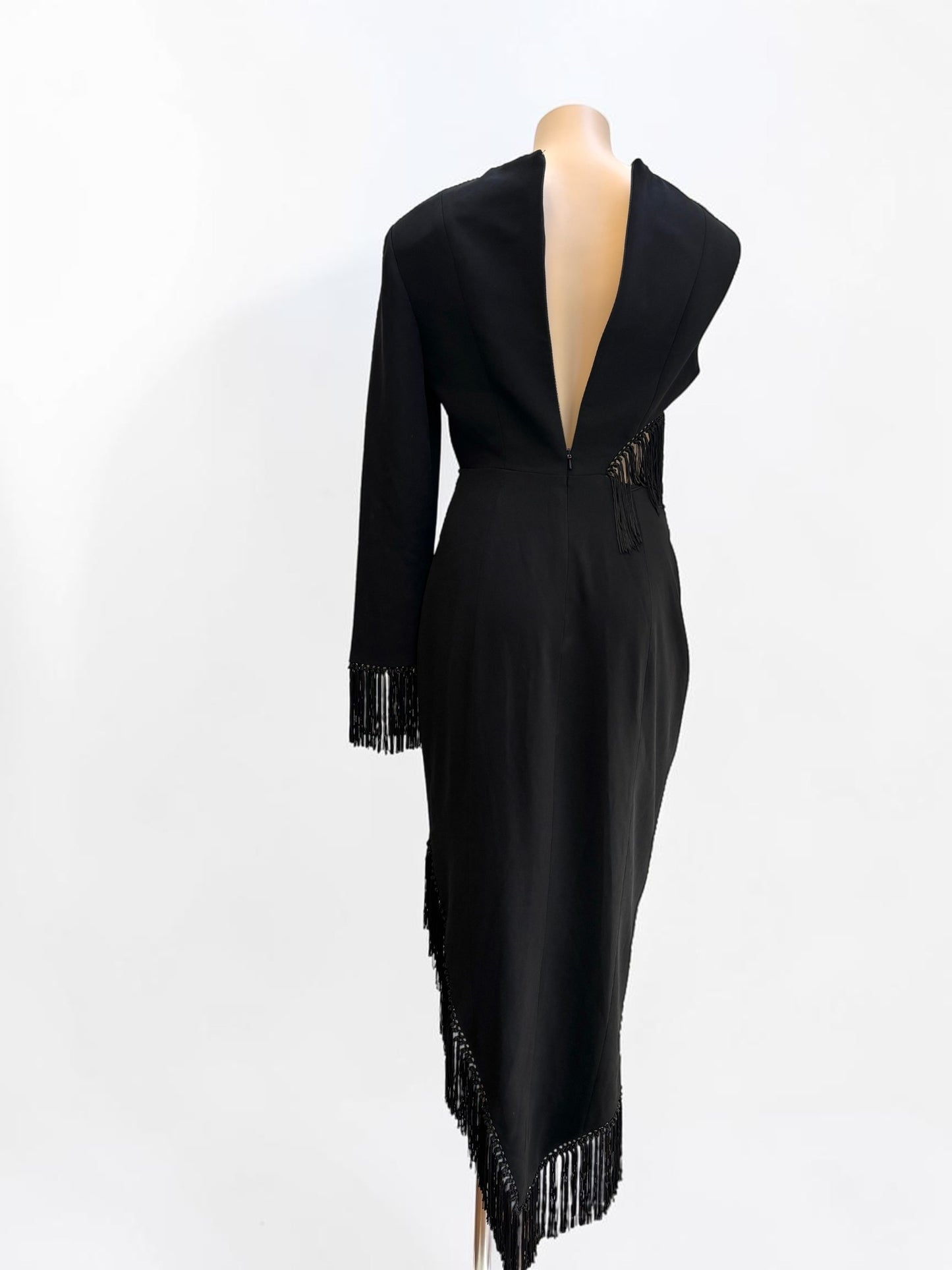 Misha Lana Fringe Cutout Black Midi Dress — Size 8