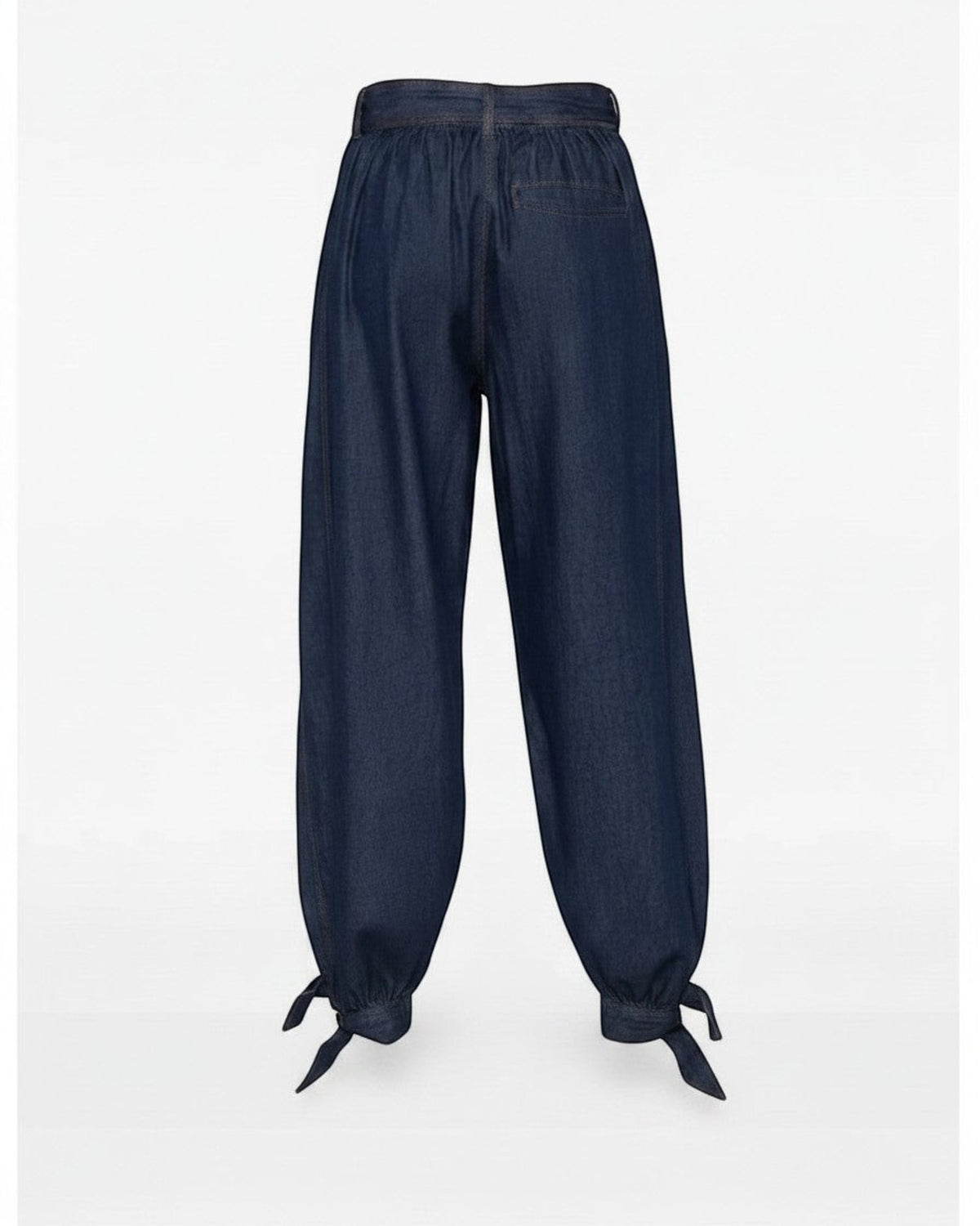 Preloved Zimmermann Alight denim harem pants with cinched tie-up ankles, back view — Lula and Mimi preloved designer Perth