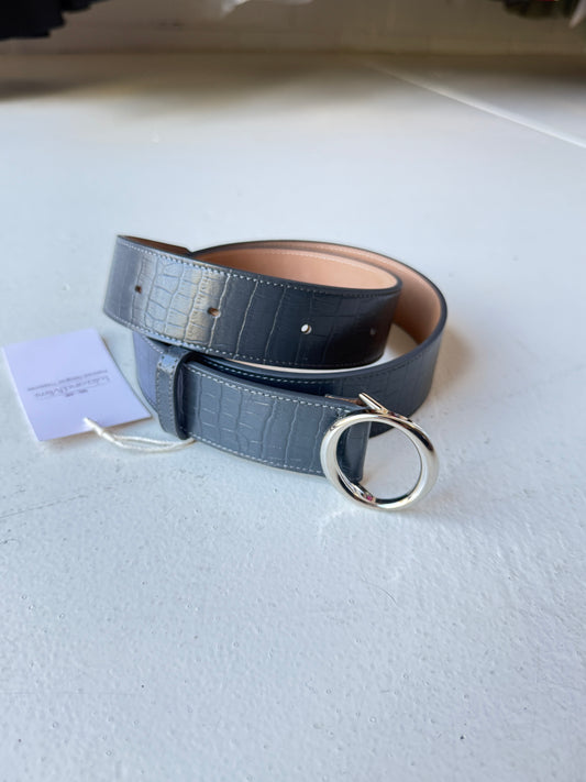 Oroton Navy Croc-Embossed Leather Belt – Silver Round Buckle