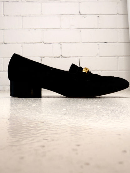 Moschino Black Suede Loafers with Gold Logo – Size 36.5