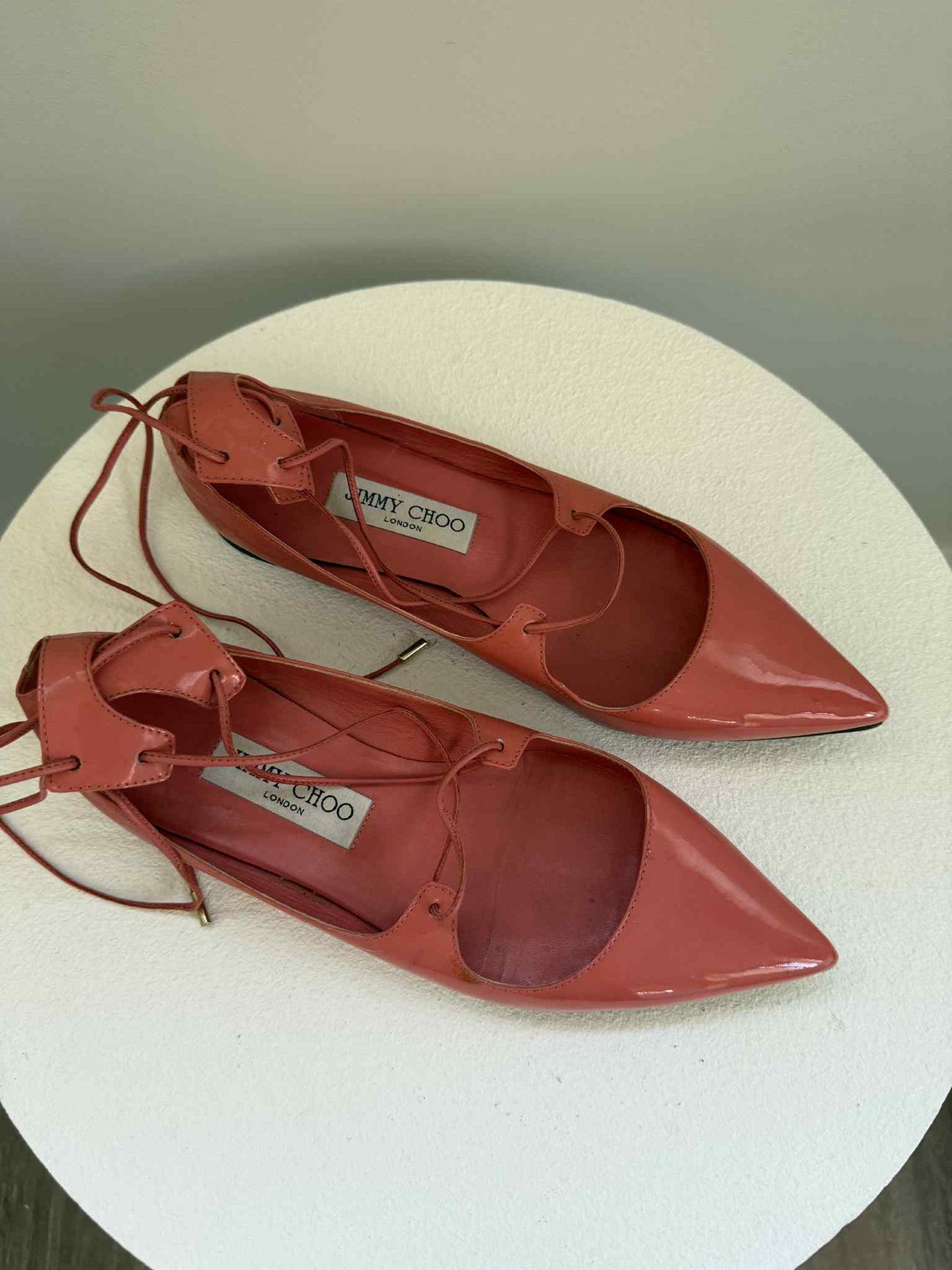 Jimmy Choo Patent Lace-Up Flats Coral- Size 38