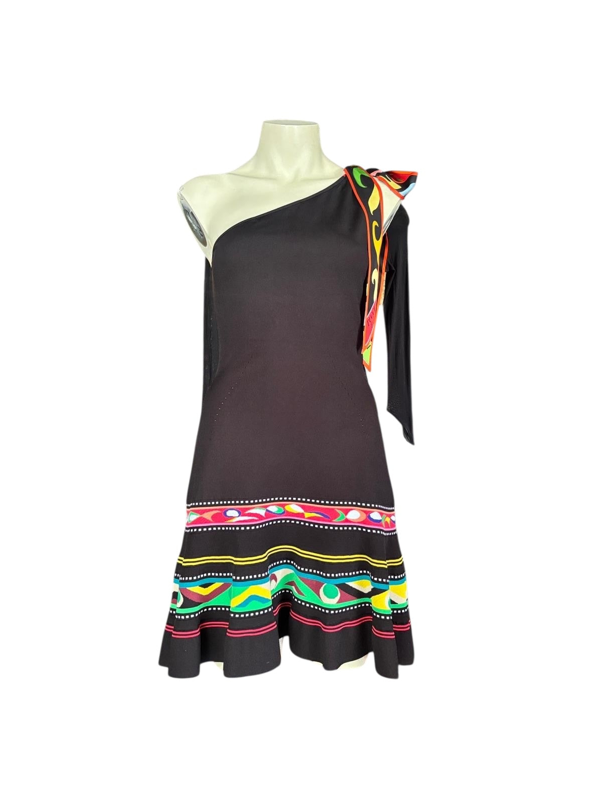 Emilio Pucci One Shoulder Dress | Silk Blend Black with Signature Print Hem | Designer Event Dress - Size S