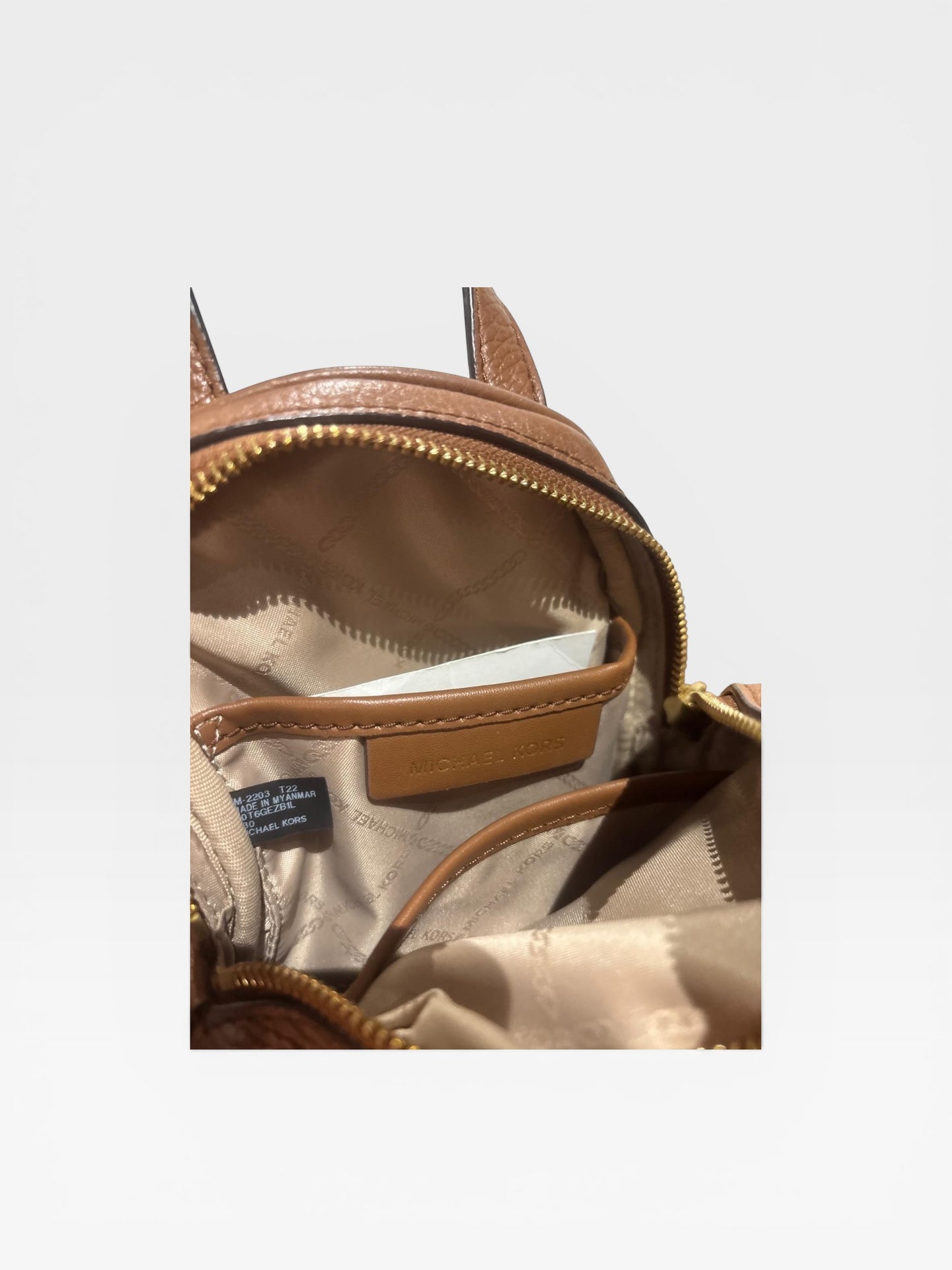 Michael Kors Rhea Zip Small Leather Backpack Brown Pebbled Leather Mini Backpack Gold Hardware