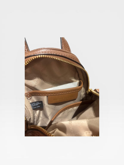 Michael Kors Rhea Zip Small Leather Backpack Brown Pebbled Leather Mini Backpack Gold Hardware