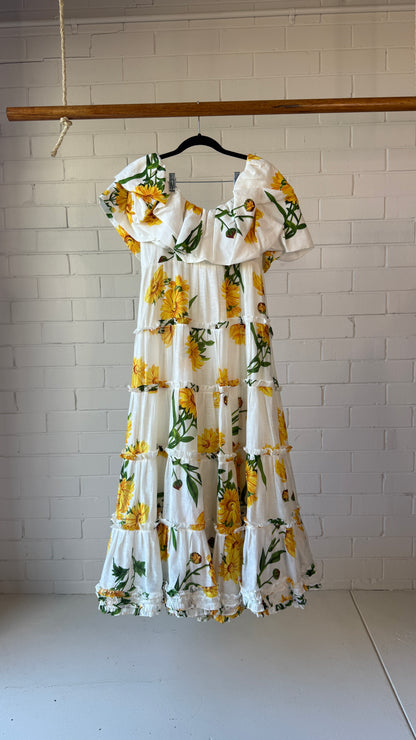 Leo Lin Marguerite Blanche Swan Maxi Dress Size 10 Floral Ruffle