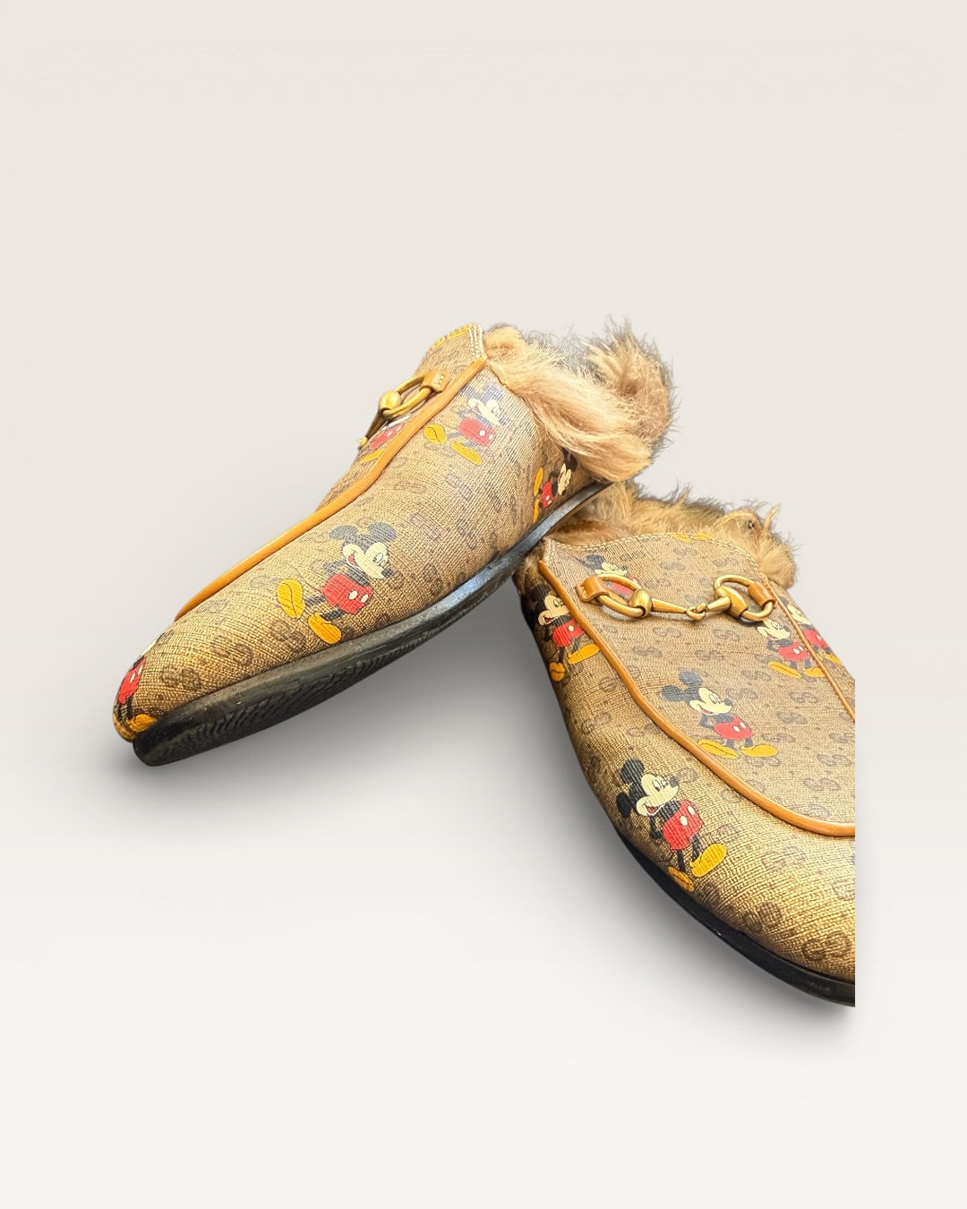 Gucci Princetown Mickey Mouse GG Supreme Fur Loafers Slippers Horsebit - 37