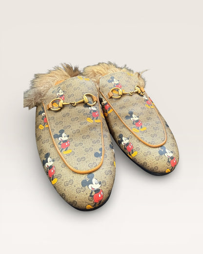 Gucci Princetown Mickey Mouse GG Supreme Fur Loafers Slippers Horsebit - 37