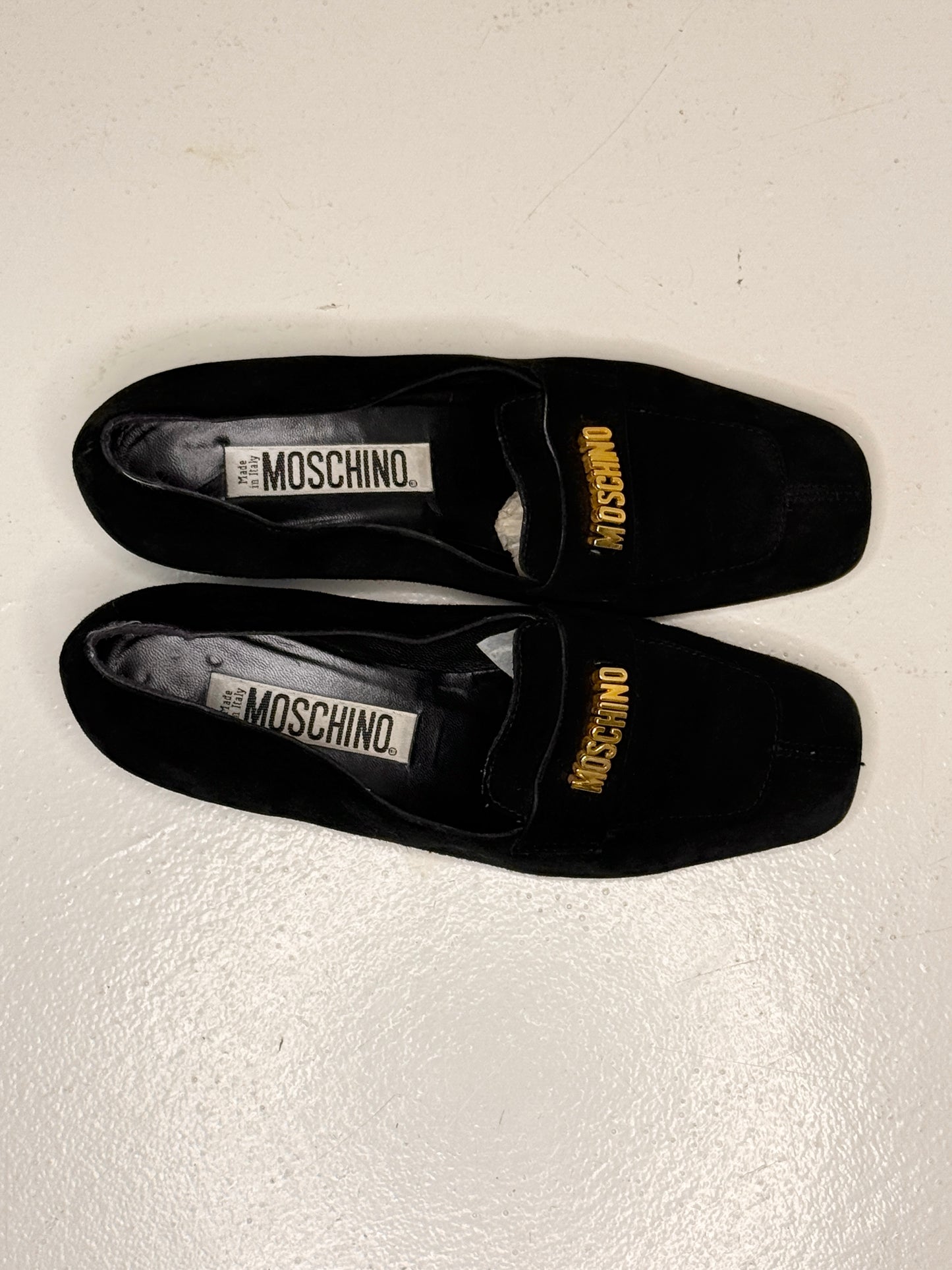 Moschino Black Suede Loafers with Gold Logo – Size 36.5