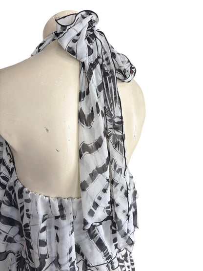 MSGM Black White Abstract Print Halter Midi Dress – Ruffle Neck Tie Designer Dress- S / 8