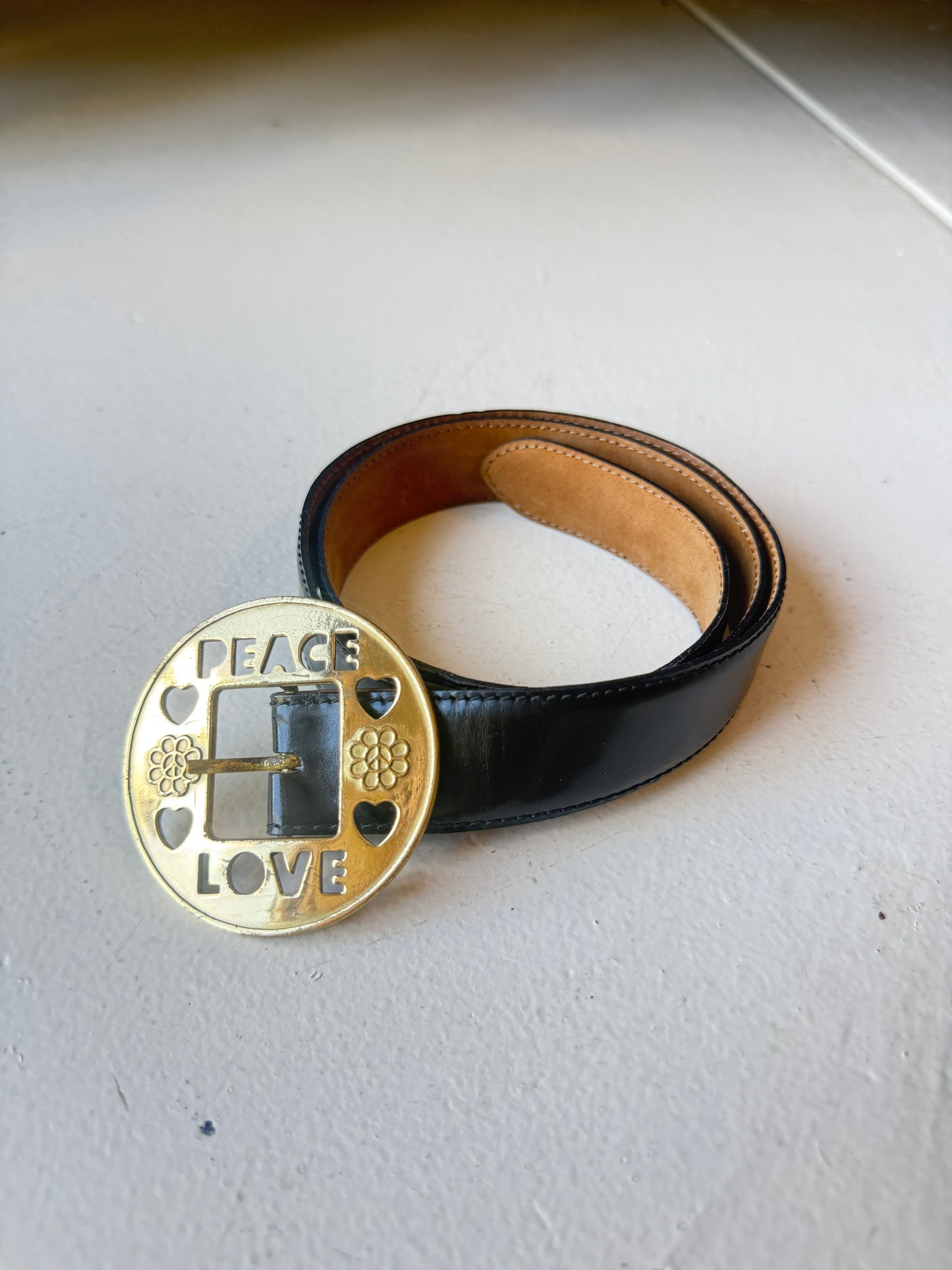 Moschino Black Leather Belt – Vintage Brass “Peace & Love” Buckle Y2K Designer