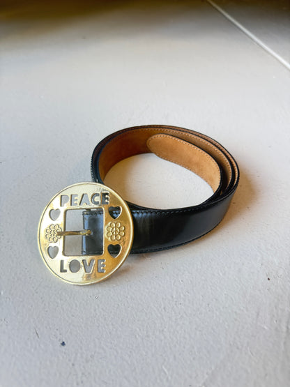 Moschino Black Leather Belt – Vintage Brass “Peace & Love” Buckle Y2K Designer