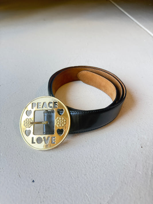 Moschino Black Leather Belt – Vintage Brass “Peace & Love” Buckle Y2K Designer