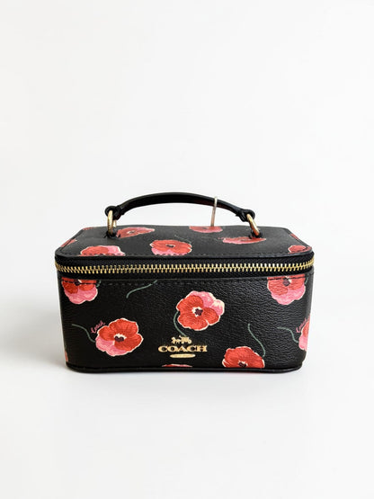 Coach Jewellery Case with Poppy Print Black Large Travel Zip Gold CDC13