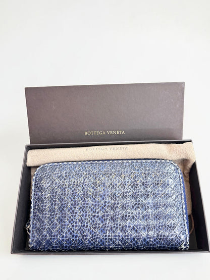Bottega Veneta Intrecciato Zip Around Long Wallet Embossing Leather in Deep Blue