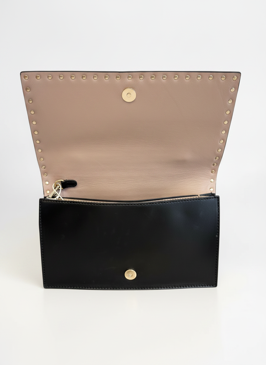 Valentino Black Smooth Calfskin Leather Rockstud Wristlet Clutch Gold Hardware