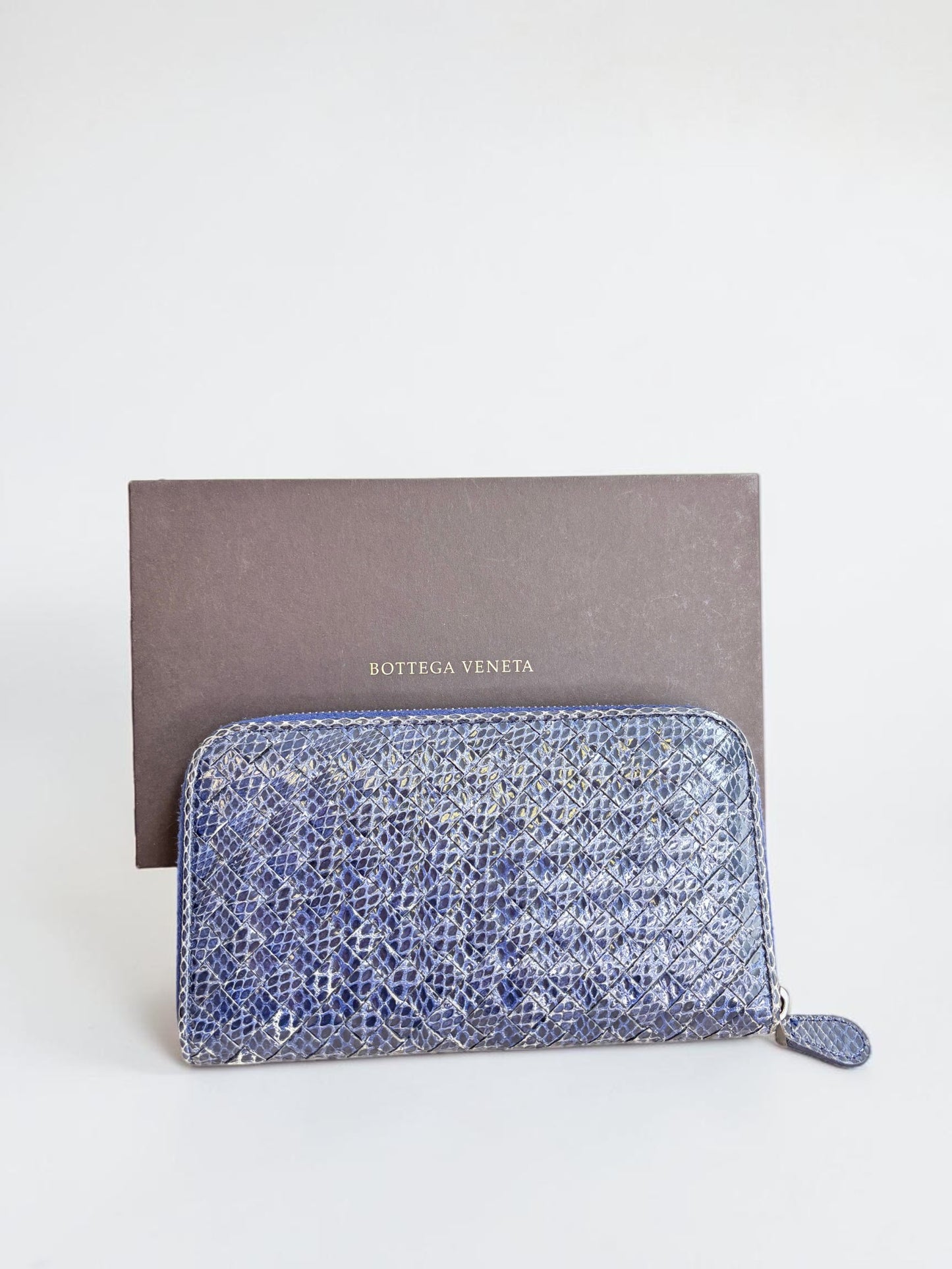 Bottega Veneta Intrecciato Zip Around Long Wallet Embossing Leather in Deep Blue