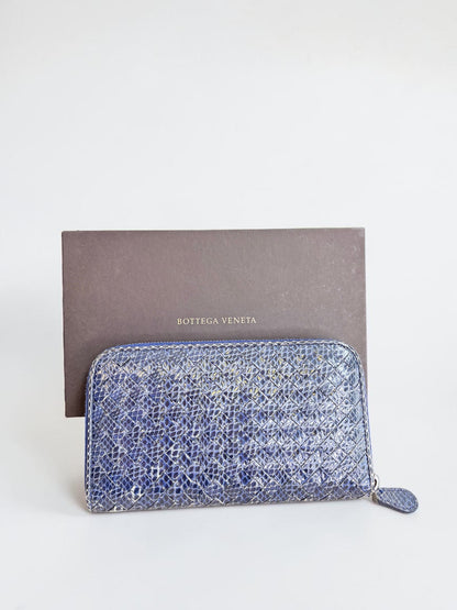 Bottega Veneta Intrecciato Zip Around Long Wallet Embossing Leather in Deep Blue