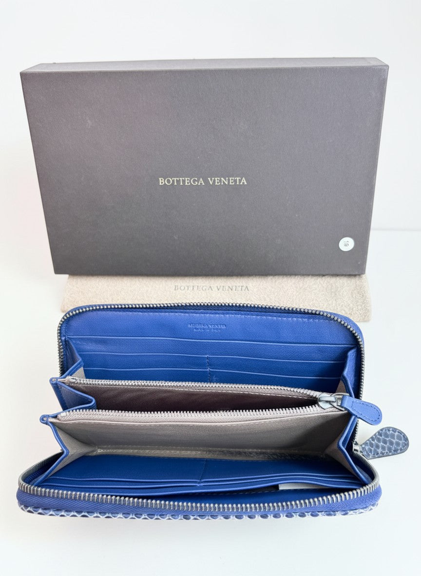 Bottega Veneta Intrecciato Zip Around Long Wallet Embossing Leather in Deep Blue