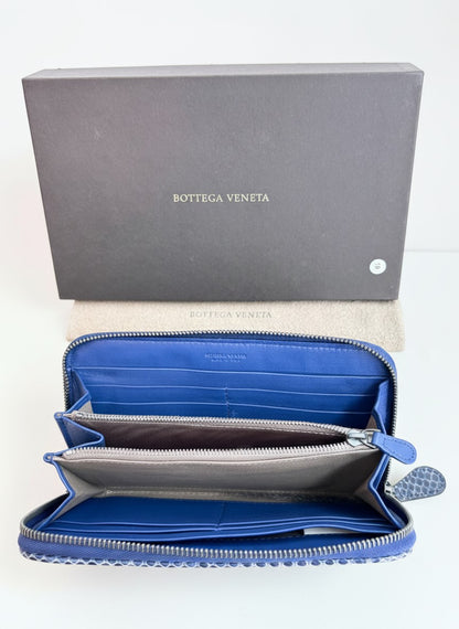 Bottega Veneta Intrecciato Zip Around Long Wallet Embossing Leather in Deep Blue