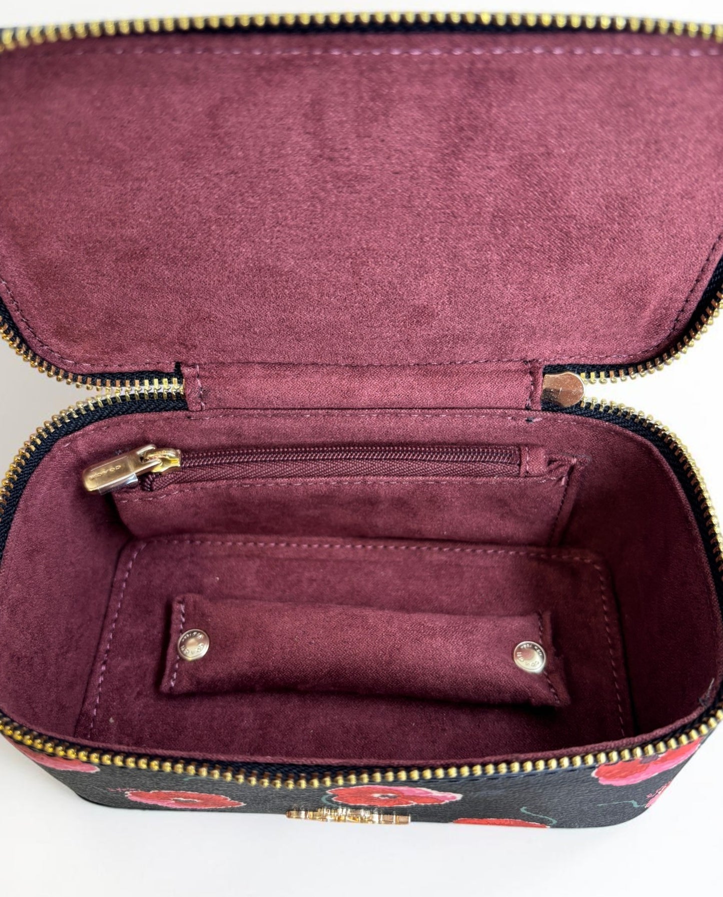Coach Jewellery Case with Poppy Print Black Large Travel Zip Gold CDC13