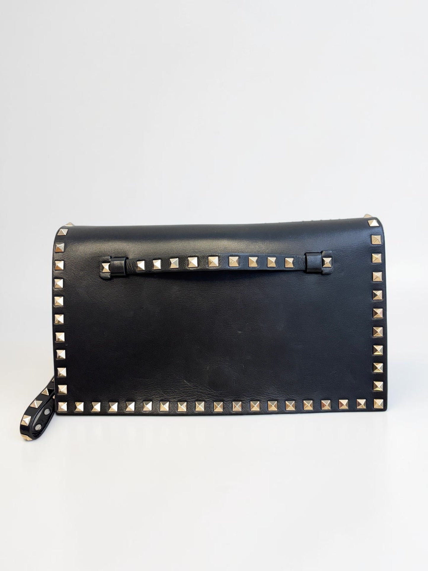 Valentino Black Smooth Calfskin Leather Rockstud Wristlet Clutch Gold Hardware