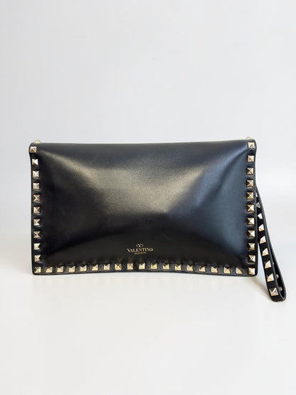 Valentino Black Smooth Calfskin Leather Rockstud Wristlet Clutch Gold Hardware