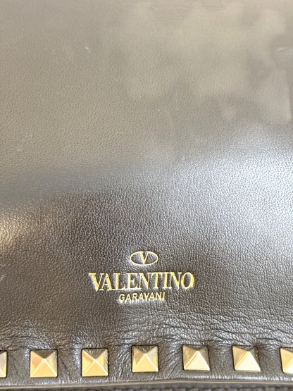 Valentino Black Smooth Calfskin Leather Rockstud Wristlet Clutch Gold Hardware