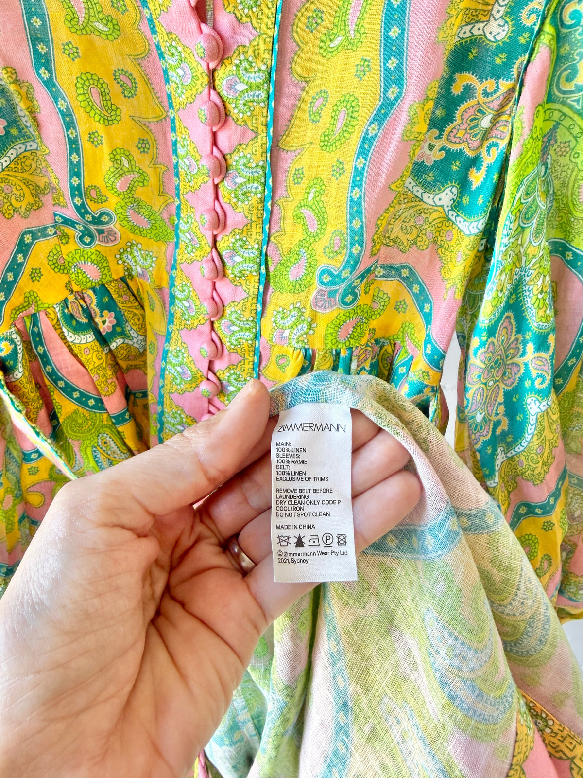 Zimmermann Estelle Buttoned Midi Dress Pink/Green Paisley- Size OP
