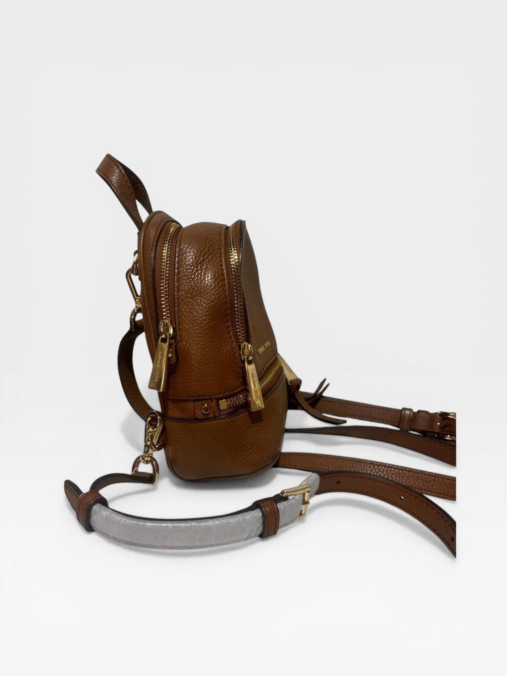 Michael Kors Rhea Zip Small Leather Backpack Brown Pebbled Leather Mini Backpack Gold Hardware