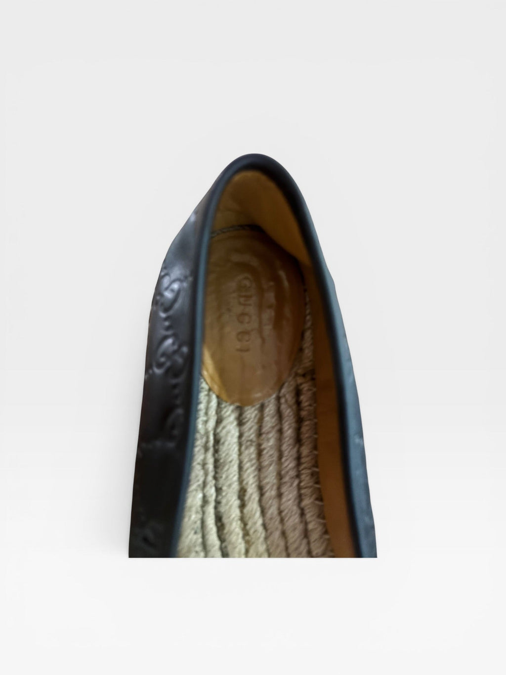 Gucci Black Leather Espadrilles With Embossed Logo – Classic Jute Sole Flats- Size 39