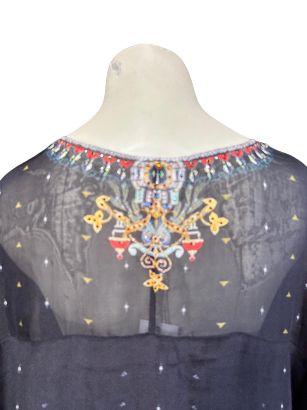 Camilla kaftan, detail of ornate floral border print