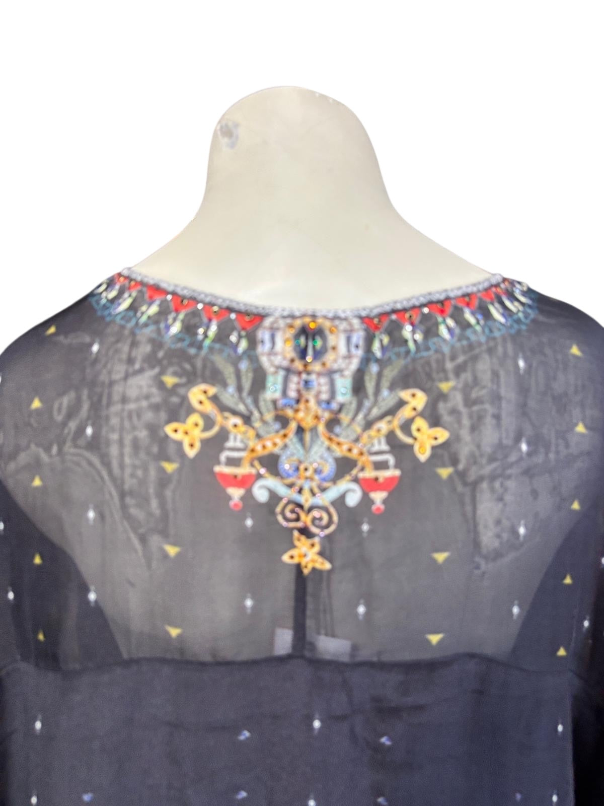 Camilla kaftan, detail of ornate floral border print