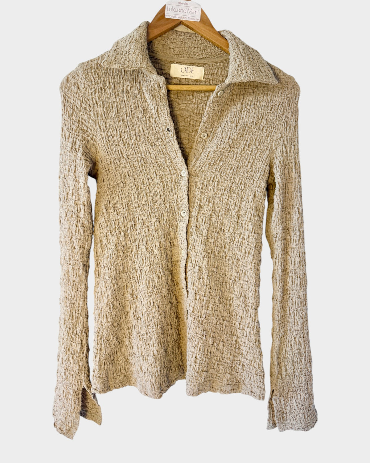 ODE Marly knit set in sand beige, button long-sleeve blouse and matching pants — preloved designer