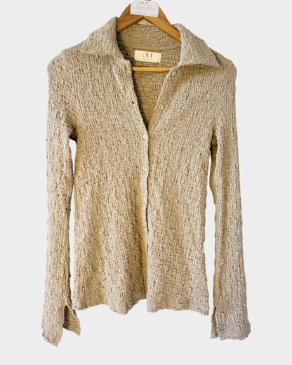 ODE Marly knit set in sand beige, button long-sleeve blouse and matching pants — preloved designer