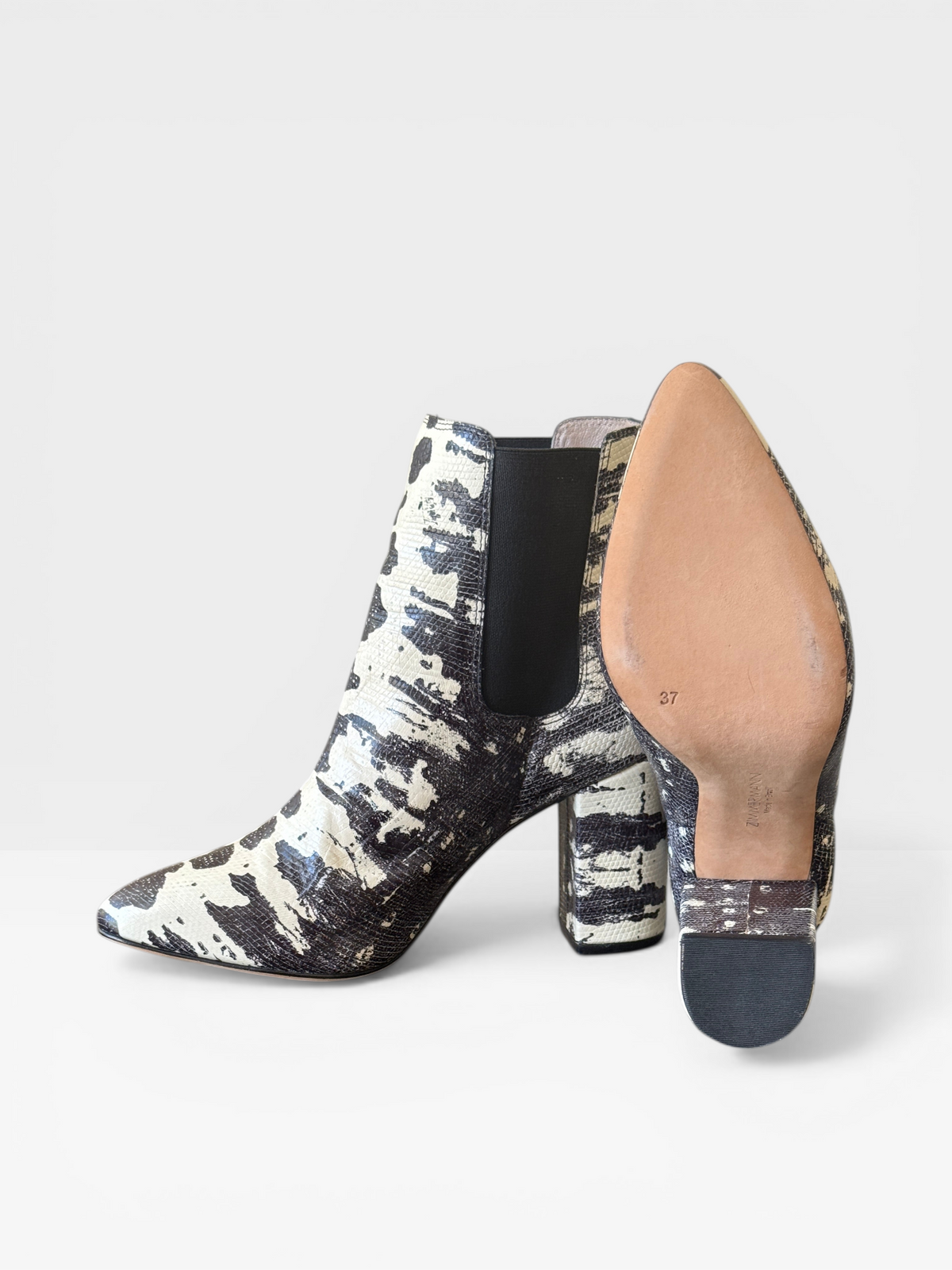 Zimmermann Black & White Animal Print Ankle Boots – Block Heel Chelsea Style- Size 37