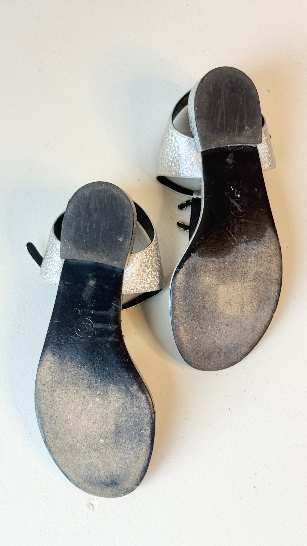 Chanel CC Chain Glitter Leather Thong Sandals – Silver & Black- Size 37C
