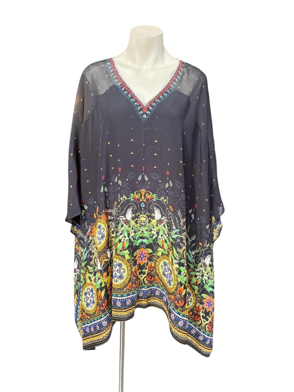 Preloved Camilla Heath Betty kaftan in charcoal with crystal-embellished V neckline and floral border print, front view