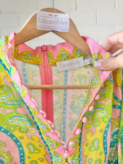 Zimmermann Estelle Buttoned Midi Dress Pink/Green Paisley- Size OP