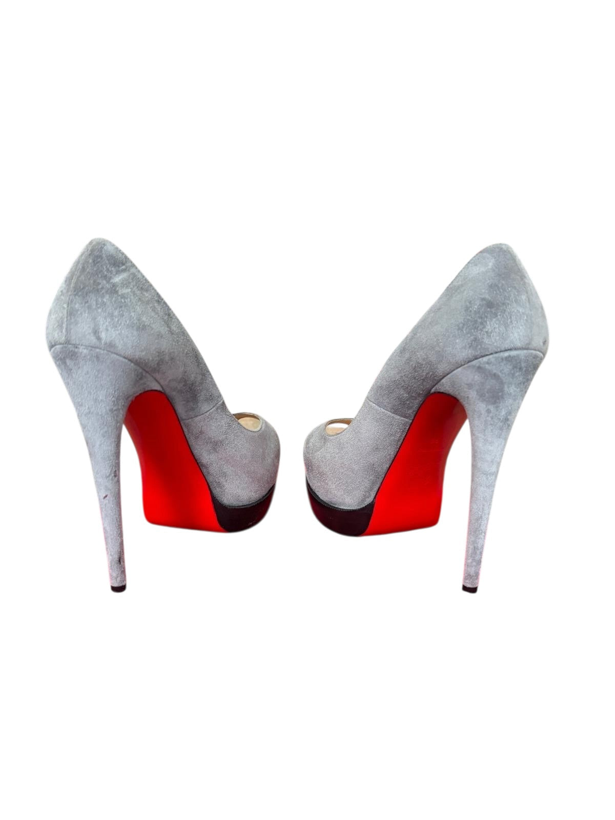 Christian Louboutin Prive Grey Suede Peep Toe Platform Heels 38