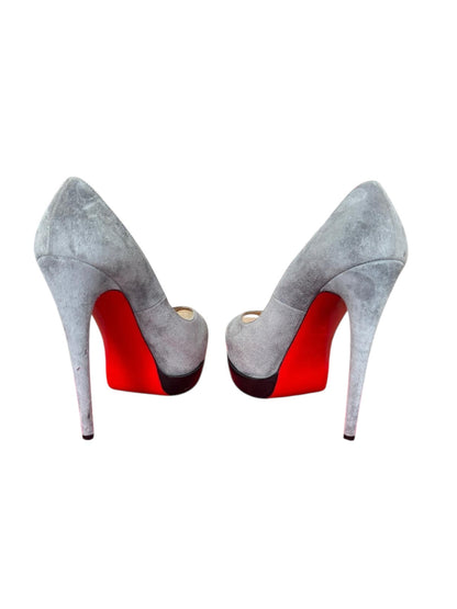 Christian Louboutin Prive Grey Suede Peep Toe Platform Heels 38