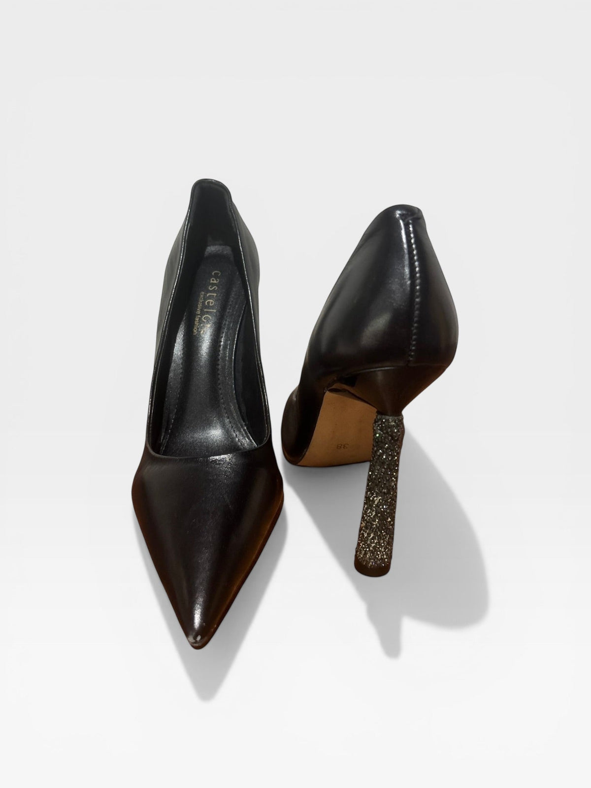 Castello Luxury Collection Crystal Heel Pumps Black Leather Pointed Toe EU 38 Rhinestone Stiletto
