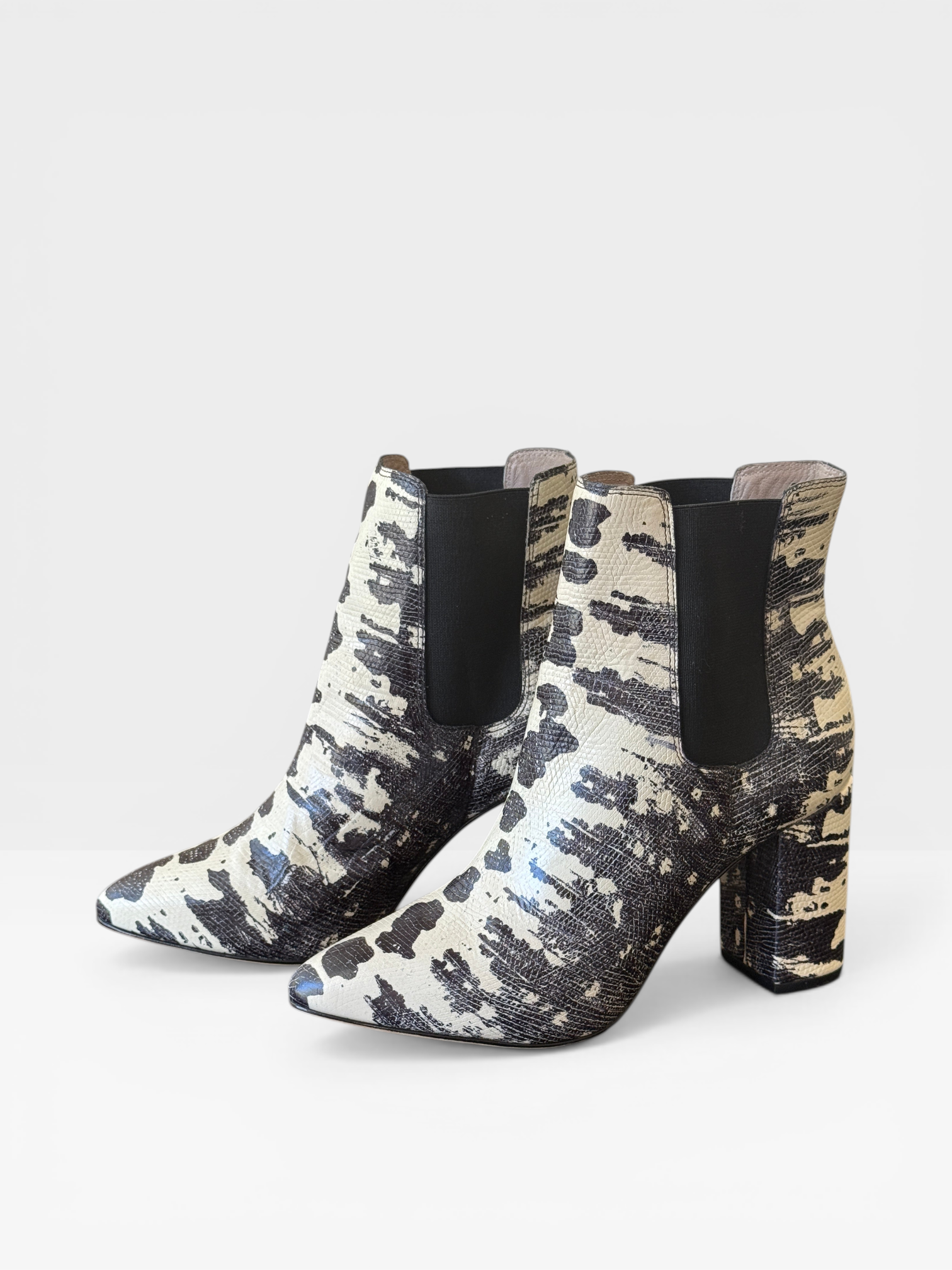 Zimmermann Black & White Animal Print Ankle Boots – Block Heel Chelsea Style- Size 37