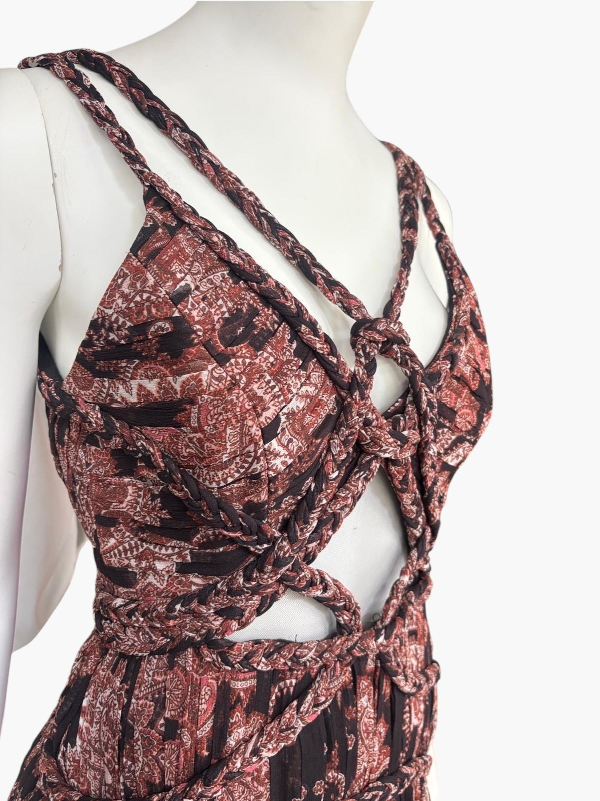 Thurley Braided Strap Cut-Out Pleated Mini Dress – Bohemian Printed Silk Dress – Size 6