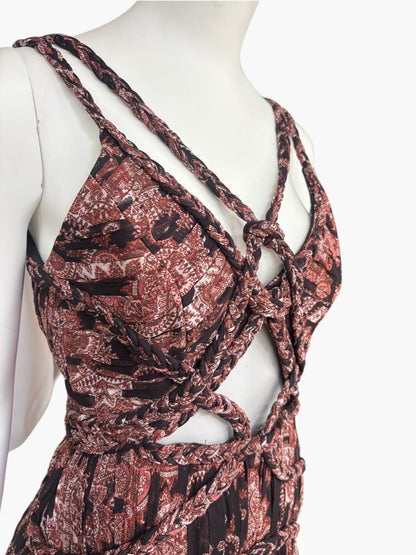 Thurley Braided Strap Cut-Out Pleated Mini Dress – Bohemian Printed Silk Dress – Size 6