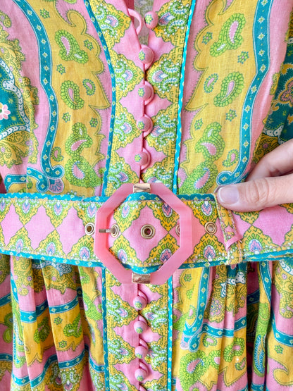 Zimmermann Estelle Buttoned Midi Dress Pink/Green Paisley- Size OP