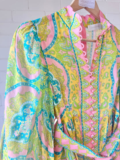 Zimmermann Estelle Buttoned Midi Dress Pink/Green Paisley- Size OP
